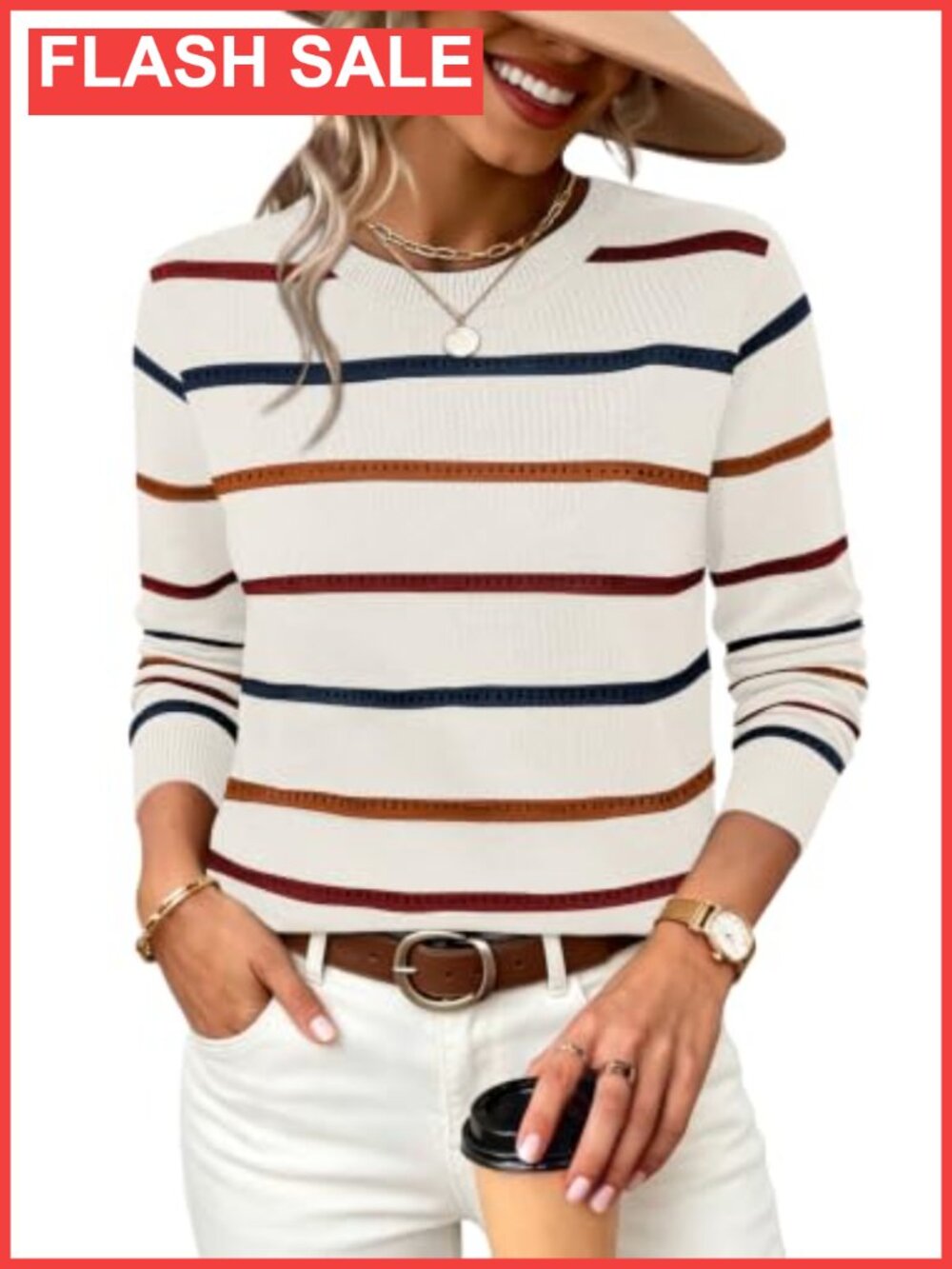 Hollow Out Knit Sweater Scoop Neck Eyelet Striped Lightweight Pullover